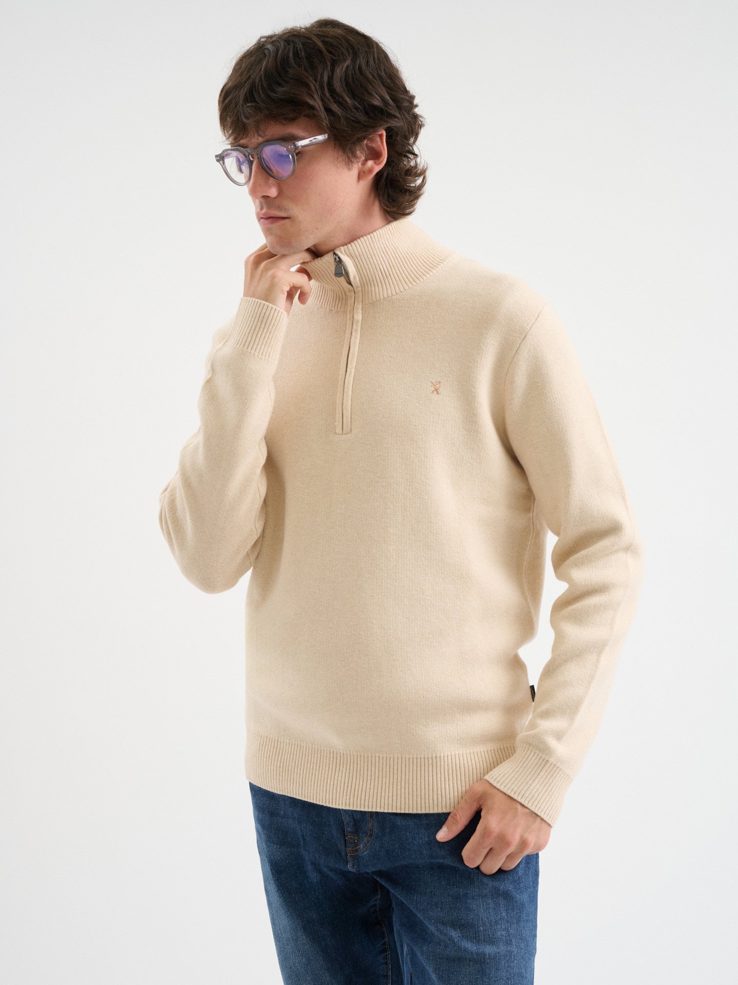 Maglia half zip in mesh jacquard
